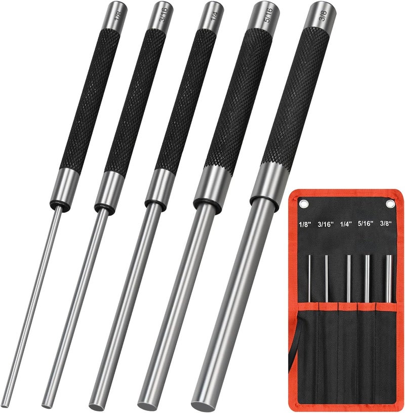 DkOvn 8in Long Carbon Steel Pin Punch Set, 5pcs Pin Punch Sizes 1/8", 3/16", 1/4", 5/16" and 3/8", Removing Repair Tools with Storage Pouch - Image 1